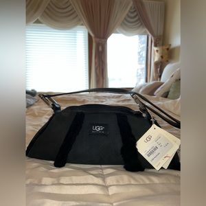 Black faux fur UGG purse with matching UGG mittens